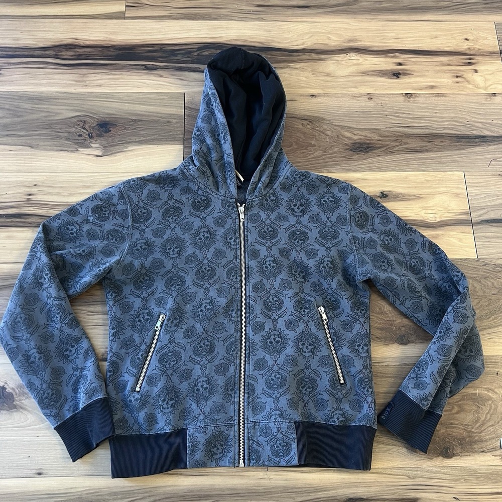Vintage Adio Skateboarding Lined Zip Up‎ Hoodie Skull Graphics Sz M Retro Y2K